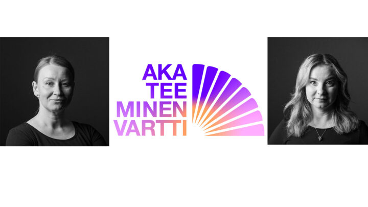 Akateeminen vartti -logo ja Kirsi Mishinan ja Kirsi Peltosen valokuvat.