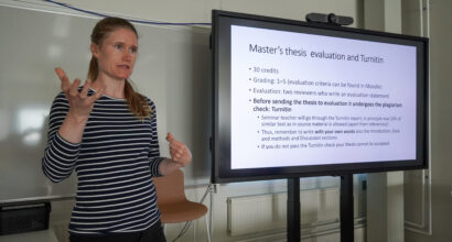 Mirkka Danielsbacka lecturing.