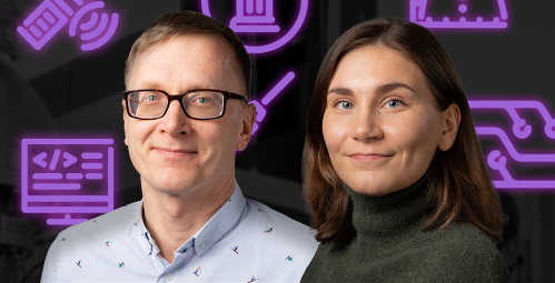 Jani Erolan ja Laura heiskalan kuva Tiedelinja-taustaa vasten.