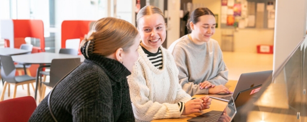 kolme henkilöä istuu pöydän ääressä tietokoneet edessään.