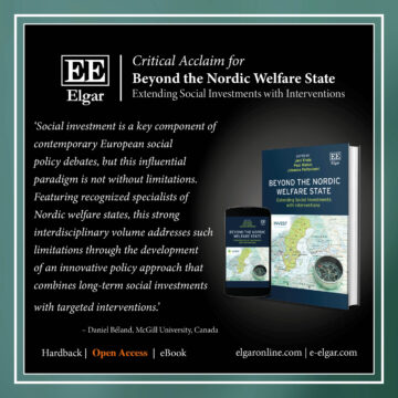 Kirjan esittely: "Social investment is a key component of contemporary European social policy debates, but this influential paradigm is not without limitations. Featuring recognized specialists of Nordic welfare states, this strong interdisciplinary volume addresses such limitations through the development of an innovative policy approach that combines long-term social investments with targeted interventions." Daniel Beland, McGill University, Canada.