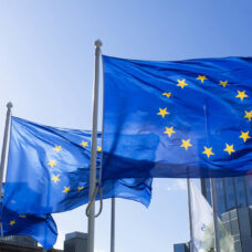 Kolme Euroopan unionin lippua.